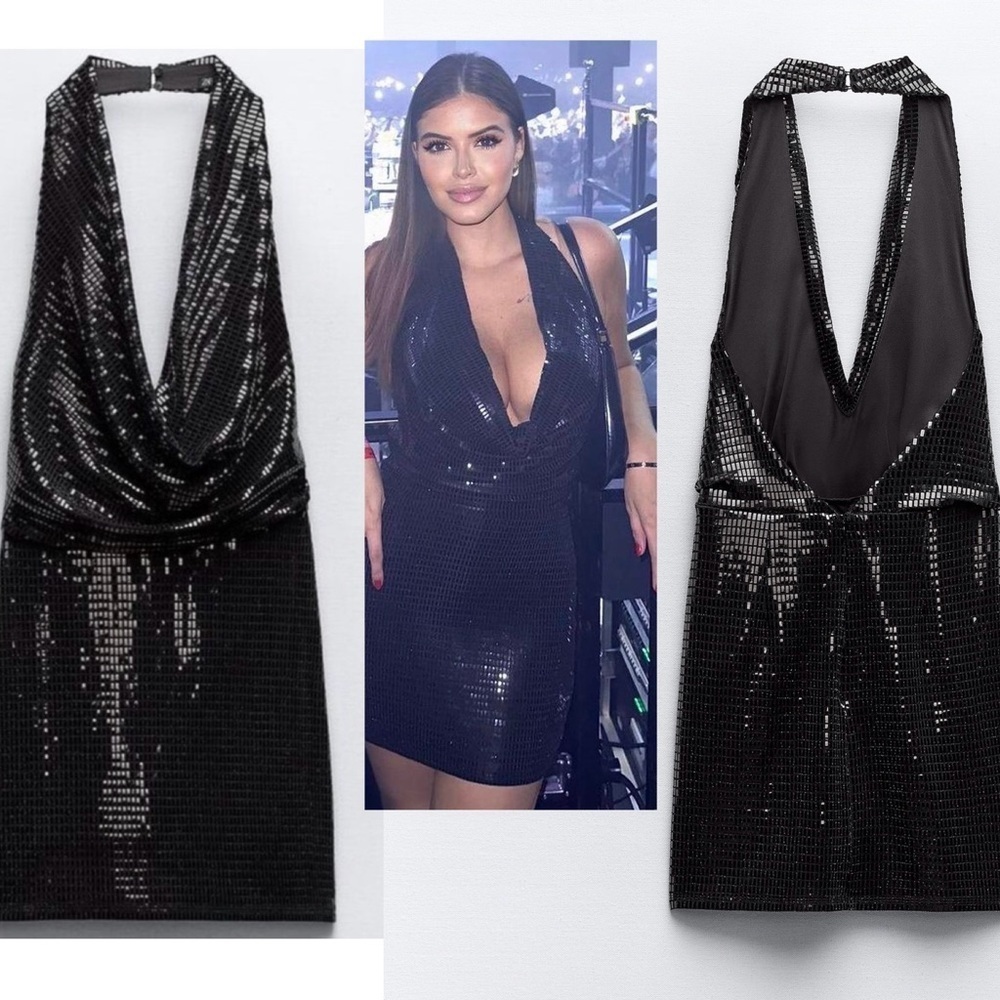 Zara black sequin embellished sparkly halter top mini romper dress M NWT